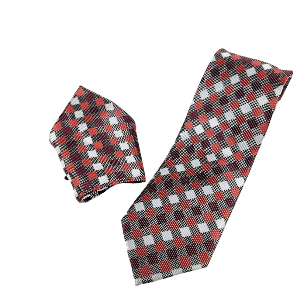 Bergamo New York Diamond Pattern Black Orange Mens Necktie with Pocket Square
